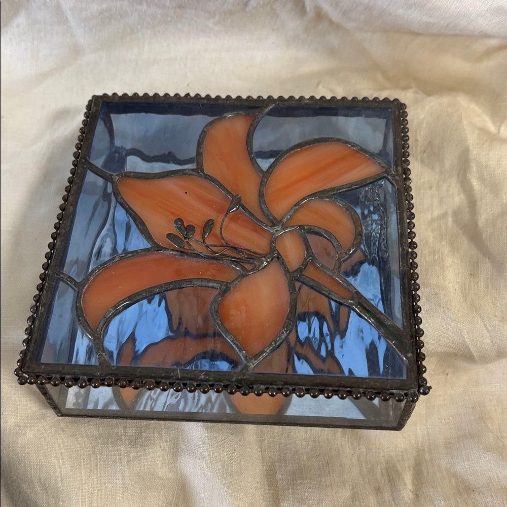 Blue and Orange Stained Glass Floral Decorative Box - Picture 3 of 4